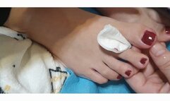 Putting nail polish on to My most beautifull little toes of My Mistress GospodaricaEmma and chit chating about toes, outfits, nail polish colours and talking about my Wolfy01 hard dick and showing it to Her and getting 20 hits with wooden stick on my ass