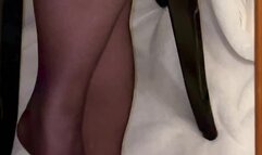 Pink Fluffy Slipper Mule in Stockings with barefeet with pink toenail reveal at the end