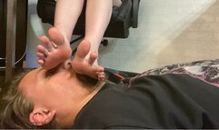Using slave's ugly face and neck as a footstool under My beautiful bare feet