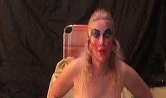 Masked milf dances in white sheer pantyhose
