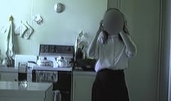 Shy girl lifts dress shows her hairy pussy