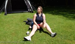 Facesat outdoors at the campsite by Rabbit in red satin panties FB1730