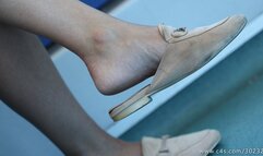 Foot and shoe fetish admiration, nice cute feet with elegant slippers close-up