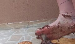 crushing sweets with feet