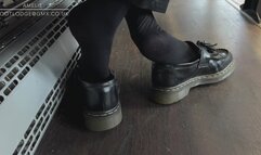 Close up candid Shoeplay in loafers and tights on the bus