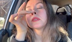 Charmy sitting in the car and tease you with her piggy nose