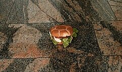 Very big cheeseburger destroyed under my Dr Scholl mules