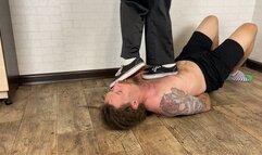 Slave’s arms and body trample in muddy sneakers and shoe soles licking