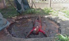 Muddy fun in red pvc dress