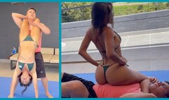 Athletic Tatiana in green bikini uses her rock hard thighs to overpower man twice her size