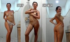 Strip, shower naked, topless tease in a silk thong - live stream