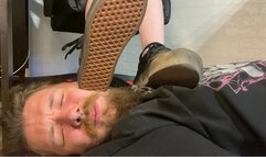 Slave's face and neck as a footstool under My dirty black Vans