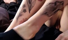 Black ankle socks - Tattooed pale chick with fat pussy shows her feet