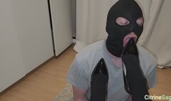 Foot slave licks my heels, nylons and feet clean after a long day