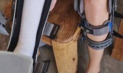 Walking with one Highheel and Aircast on crutches than wrapped off the bandage foot