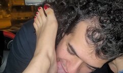 The taxi driver received Mistress White's payment by cleaning her feet