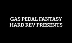 My step-sister in elegant black high heel pumps and black tights rev the gas pedal of the Toyota Corolla to the floor