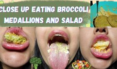 Close up eating broccoli medallions and salad