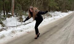 Zanotti platform shoes on black ice, heelless on ice, girl on high heels on ice, slippery shoes on ice