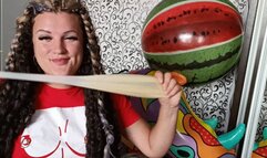 riding on rhino and poping 36 inch cristall balloon