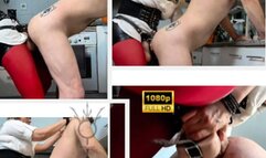 Domestic slave husband being fucked in the kitchen