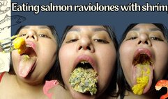 Eating salmon raviolones with shrimp