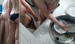 Naked boy washes dishes at the behest of his topless wife