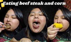 Eating beef steak and corn