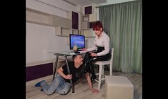 Latex boots worship with my slave in his luxury place