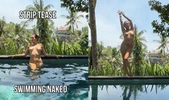 Teasing in see-thru dress outdoor at the pool, strip, sexy swimming naked