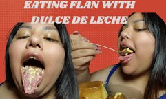 Eating flan with dulce de leche
