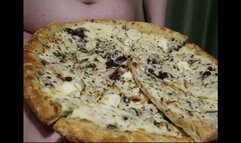 Big belly stuffing with pizza in red lingerie