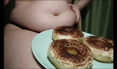 Fat greedy girl eats donuts in sexy lingerie