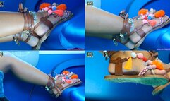 Foot and sandal fetish on seat, close-up hot feet