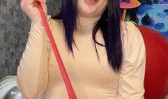 looner girl play with big red balloons poping with neck