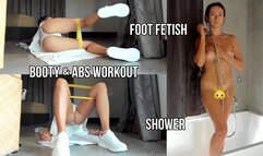 Chilling on a bed, booty & abs workout, shower, foot slave - live stream