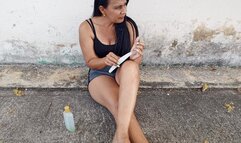 Roxan scratching her feet when she was in the middle of a park (3)