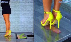 Crushing His Cock & Balls Under My Yellow Strappy Heels & Plexiglass - Split Cam - A140SPLIT