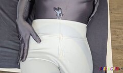 SpandexQueen comes twice and milks his cum on her white leather leggings + gray spandex body