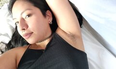 Playing with my hairy armpits, saliva included and I try to lick them