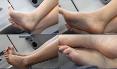 Amazing beauty barefeet foot fetish on seat, nice arched, heels and sexy rough soles and toes