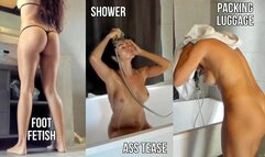 Bare ass and legs in micro bikini, packing luggage, naked shower - live stream