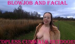 Blowjob and facial, topless cumwalk outdoors