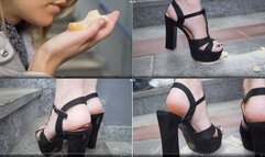 High heels food crushing and smashing in the subway stairs