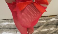 Really sexy legs with red stockings with tiny feet and long toes