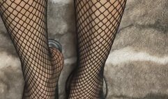 Asian Small Feet with long toes wearing fishnet in open toes shoes