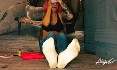 Lady Angela doing make up while you stare a my dirty white socks jeans tattooed goddess