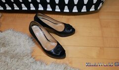 Under the Desk Shoeplay – Black Peeptoes & Colorful Tights