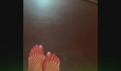 Really sexy legs with tiny feet with long toes in Red fishnet stocking