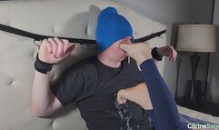 Foot slave bound to head board gags deeply on my feet